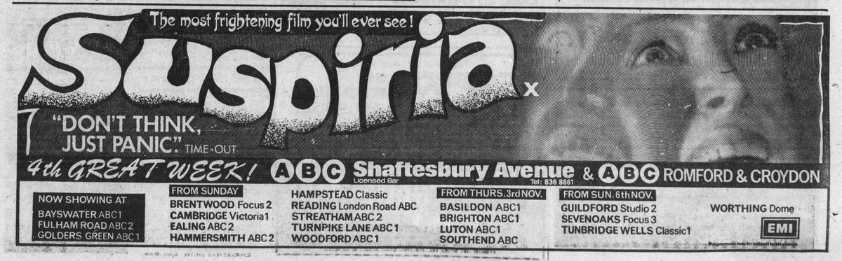 Mag1cH0ur's tweet photo. On this day October 6th, 1977, Dario Argento's SUSPIRIA opened in London (with GENESIS IN CONCERT) in 4 Track Stereo at the ABC1 Shaftesbury Avenue.. https://t.co/92eAvpmGfH