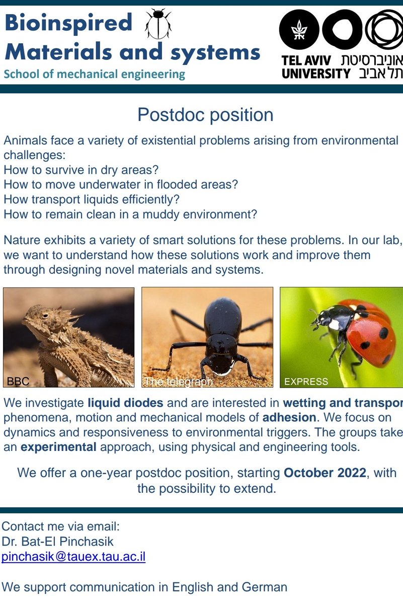 BioSoftTAU's tweet image. Check out this opportunity to do a postdoc on biomimetic wetting, transport and adhesion with Bat-El Pinchasik @BioSoftTAU @TelAvivUni pinchasikslab.eng.tau.ac.il