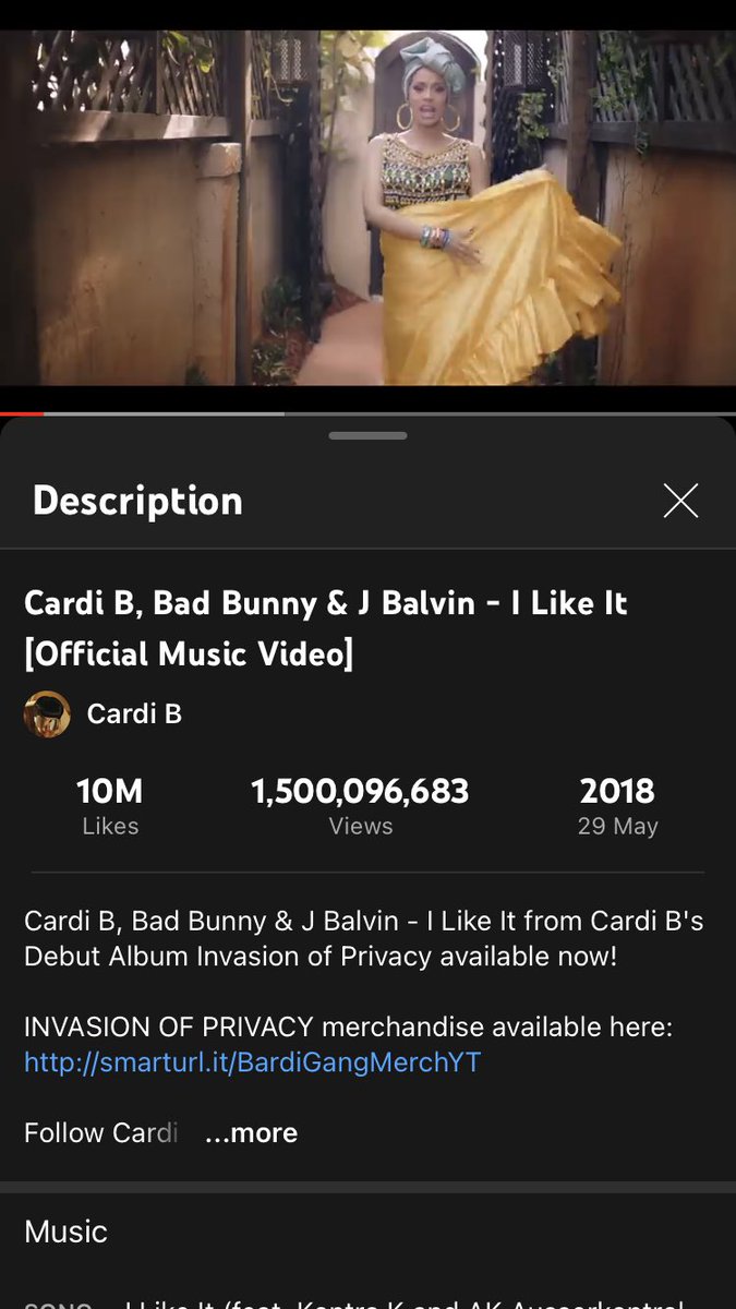 Georgiaisla123's tweet photo. I Like It with Cardi B, Bad Bunny and J Balvin has reached 1.5 billion views https://t.co/vc91Vkt23V