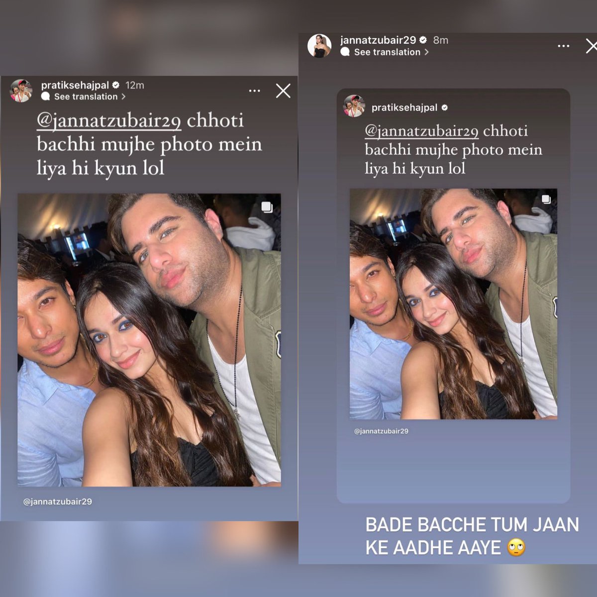 prannat_xoxo's tweet photo. ππππ
Their IG stories π
Friendship π³
Jannat x Pratik π₯πβ€οΈ
#Prannat #PraJan π» Moments ππ«
@jannat_zubair29 @realsehajpal π₯β£οΈ
#JannatZubair #PratikSehajpal #kkk12 #ColorsTV #Jannat #Pratik #PraJann
~Destined To Meet ~ 2022 π€΄πΈ https://t.co/B6WLOf6zeC