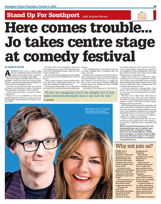 The wonderful <a href="/Jo_Caulfield/">Jo Caulfield</a> will be performing alongside <a href="/MrEdByrne/">Ed Byrne</a> this Sunday 9th Oct at the <a href="/southportcomedy/">Southport Comedy</a> under canvas in our <a href="/MarqueesElite/">Elite Marquees</a> at Victoria Park. You can read her interview in todays Southport Visiter. For tickets to the show👇
🎟️southportcomedyfestival.com/whats-on