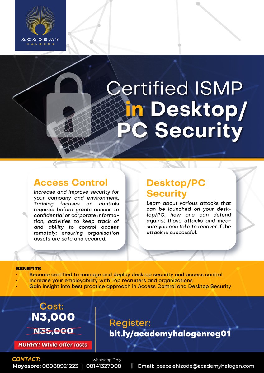 Become certified to manage and deploy desktop security and deploy desktop security and access control. Gain insight into best practice approach in Access Control and Desktop Security. 

Register here: bit.ly/academyhalogen…

#PCsecurity #security #AccessControl