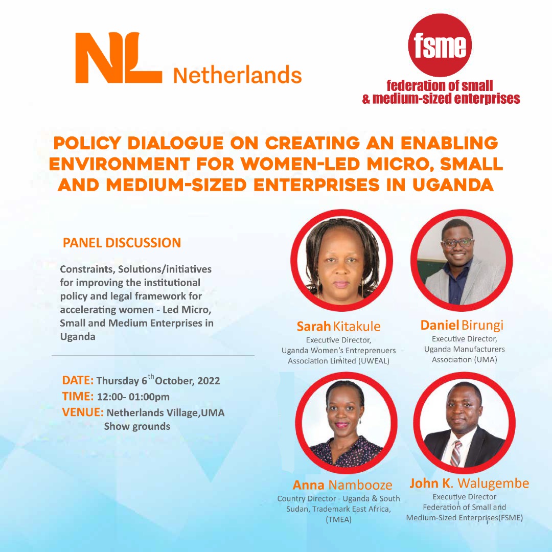 The panelists of today's conversation on how to create an enabling environment for #WomenLedMSMEs in Uganda are well versed MSMEs and directly work with business. Be part and get to be equipped with important information. #UMATradeFair <a href="/mtic_uganda/">Ministry of Trade Ug</a> @TradeMarkEastA <a href="/NLinUganda/">Embassy of the Netherlands in Uganda</a>