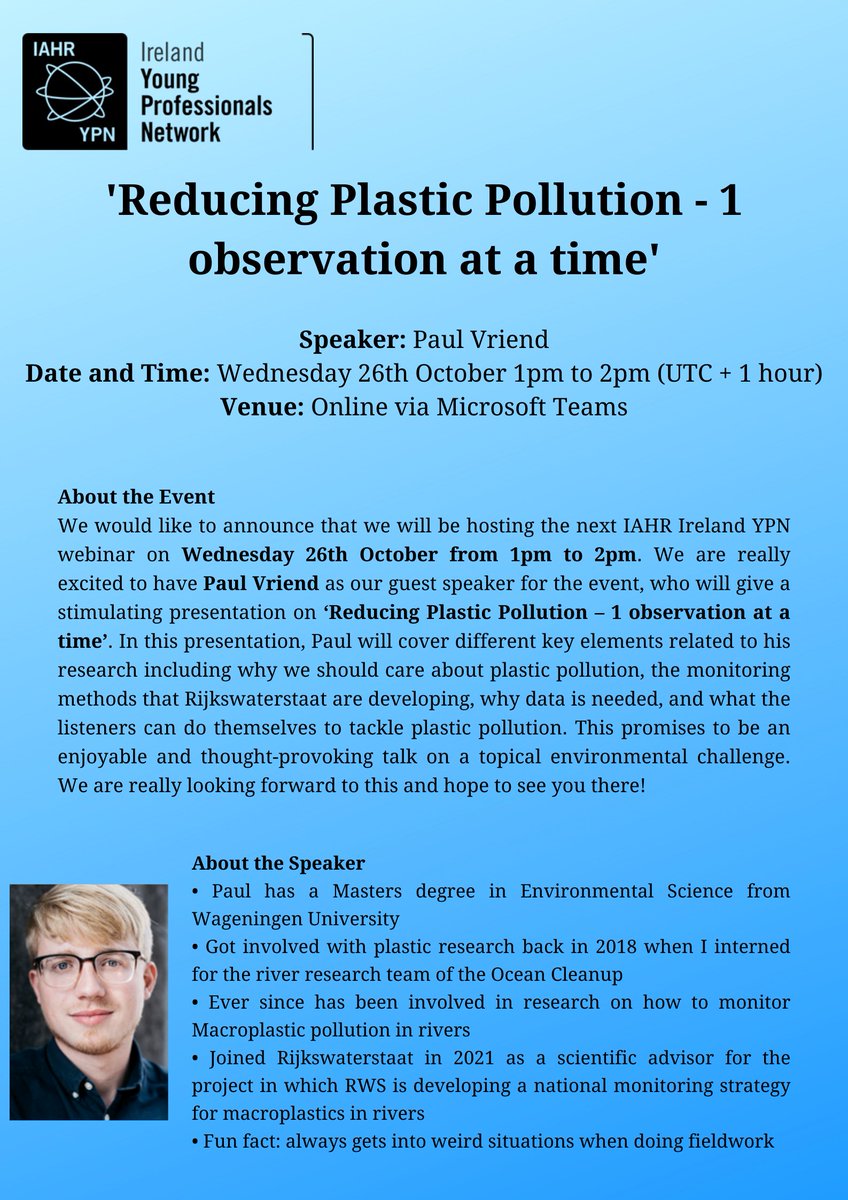 And we're back! Our next webinar will take place on the 26th of October. Delighted to have Paul Vriend as guest speaker, presenting on monitoring macroplastic pollution in rivers. More details in the poster, you can register for the event at👉cutt.ly/MBeV0Nd