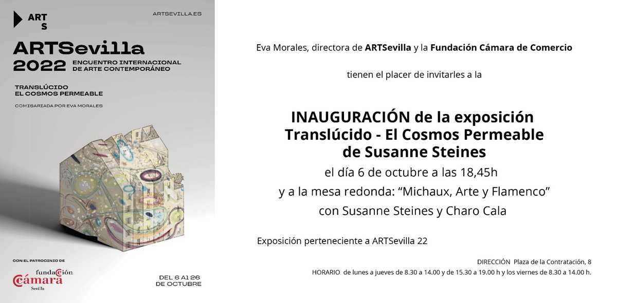 ¡HOY! 
Susanne Steines es la protagonista con una individual titulada “Translúcido. El cosmos permeable”. Abrimos esta segunda muestra con una mesa redonda, “Michaux, Arte y Flamenco”, moderada por la comisaria de la exposición, Eva Morales