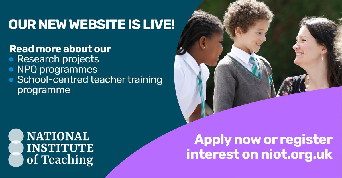 📢 Our new website is live! 

Visit our research page to find out about our current projects
👉 niot.org.uk/research

Explore our programmes pages and apply or register interest in our NPQ or ITT programmes
👉 niot.org.uk/programmes