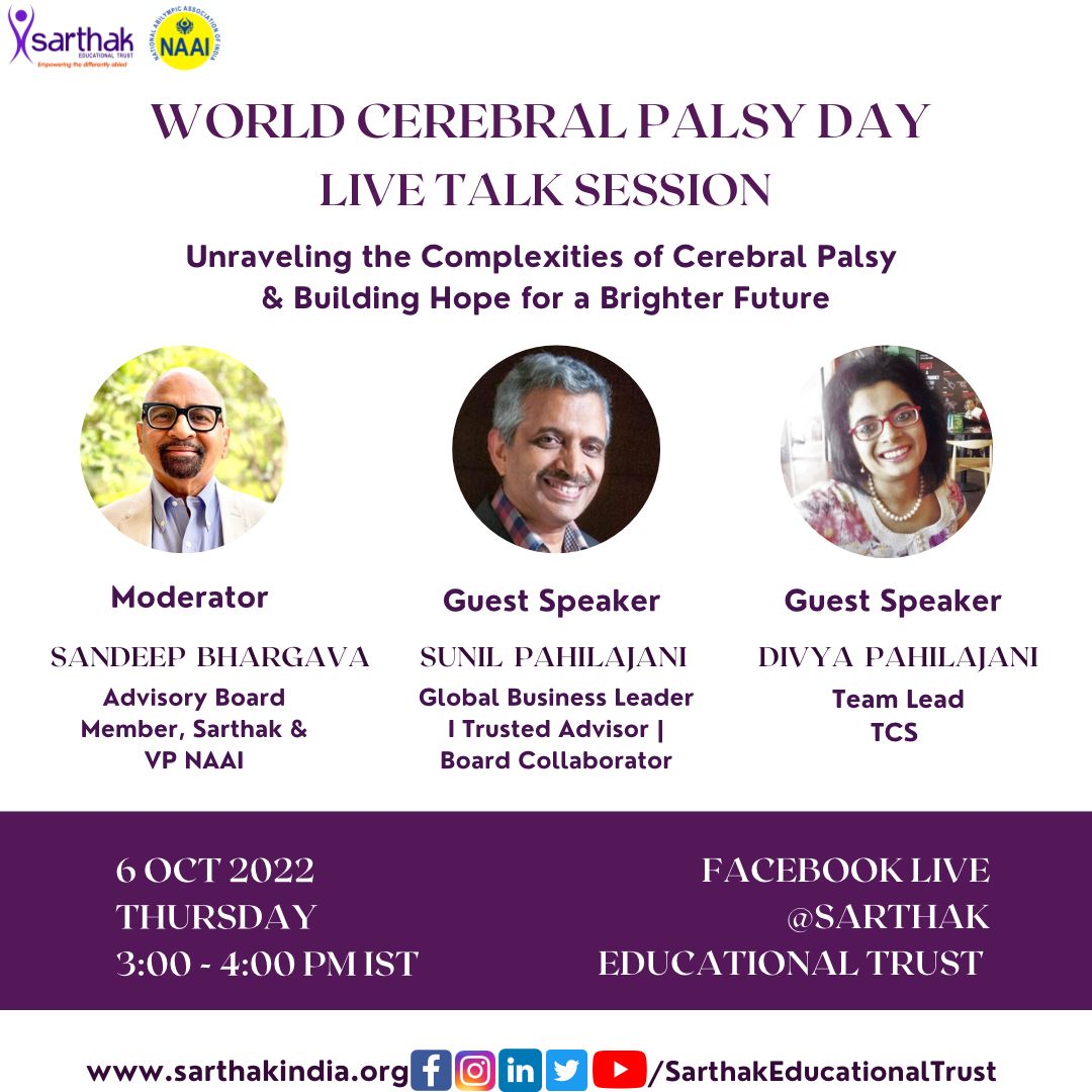 LucknowSarthak's tweet image. On the occasion of World Cerebral Palsy Day (#WCPD) join us for a live talk session on Facebook facebook.com/SarthakEducati… with our moderator Sandeep Bhargava &amp;amp; our guest speakers- Sunil Pahilajani &amp;amp; Divya Pahilajani. 

To know more about us visit: sarthakindia.org