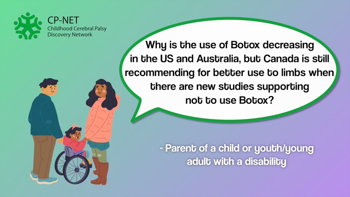 canchildcentre's tweet photo. Pediatric Neurologist Dr. Ronit Mesterman addresses the debate on using #Botox to treat spastic cerebral palsy: https://t.co/ElNTd8oLiV
#CPNETExpertAnswers #Green4CP #WorldCPDay @HBKidsHospital @OntarioBrain https://t.co/6jESGMhM2D