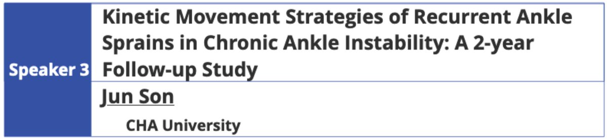 Introducing one of #IAS2022 amazing speakers🔥
🟡Jun Son (CHA University)

Dr. Son will speak on "Kinetic Movement Strategies of Recurrent Ankle Sprains in Chronic Ankle Instability: A 2-year follow-up" at Symposium Session 7⃣.

ias2022japan.com/scientific-edu…