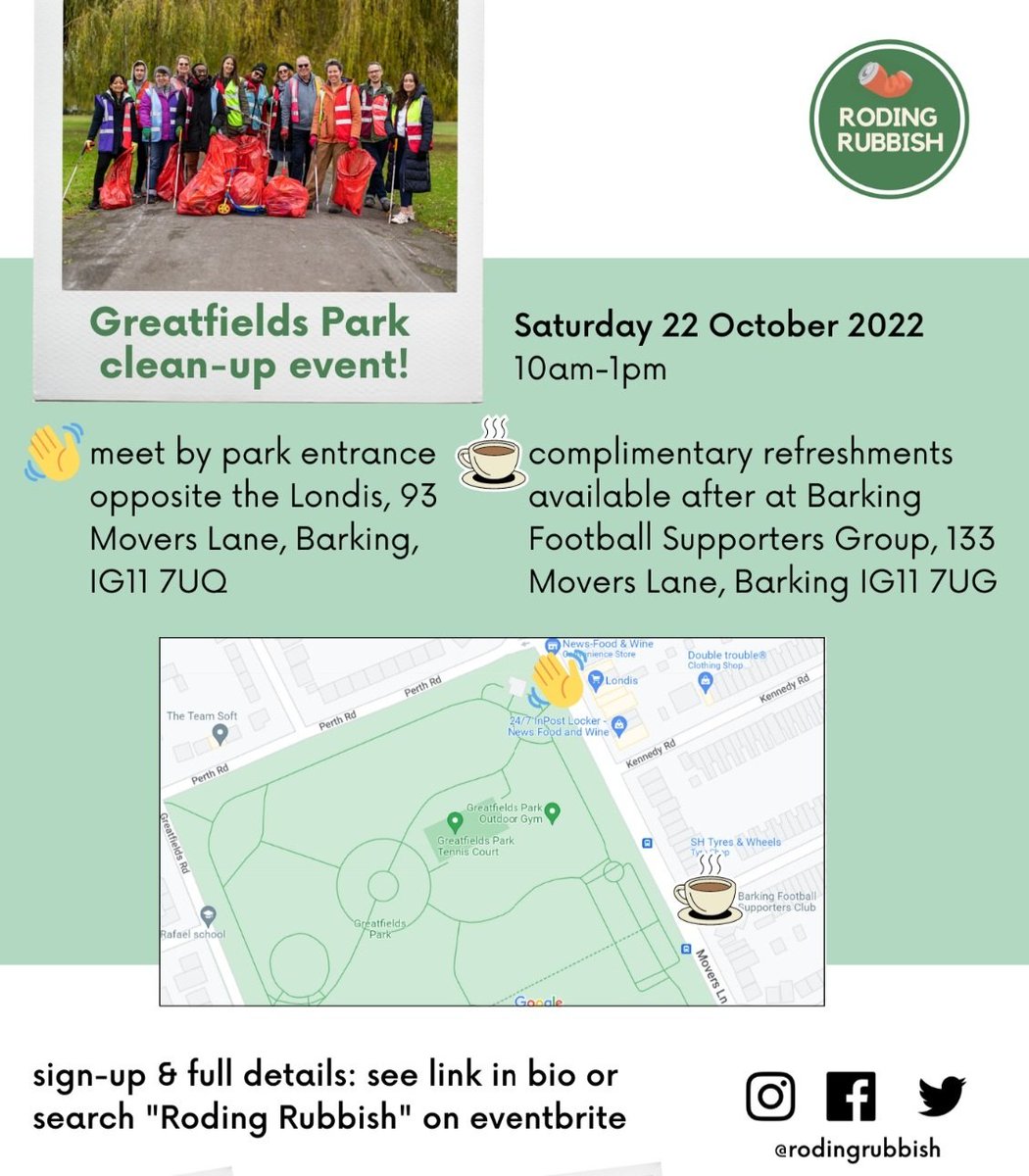 🚯Bonus EXTRA community clean-up event on Saturday 22nd October

📲 Sign up and full details : eventbrite.co.uk/e/430485262007

👍Usual event on last Sunday of the month at Beam Park (full details coming soon!)
