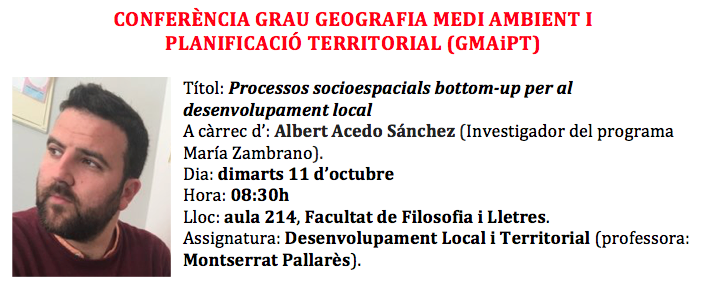 Geografia_UAB's tweet photo. Per a demà dimarts hi ha programada aquesta conferència de l'@acedoalbert en el marc d'una assignatura del Grau de @Geografia_UAB. @AnaVeraMa https://t.co/3tTWXqwgXQ
