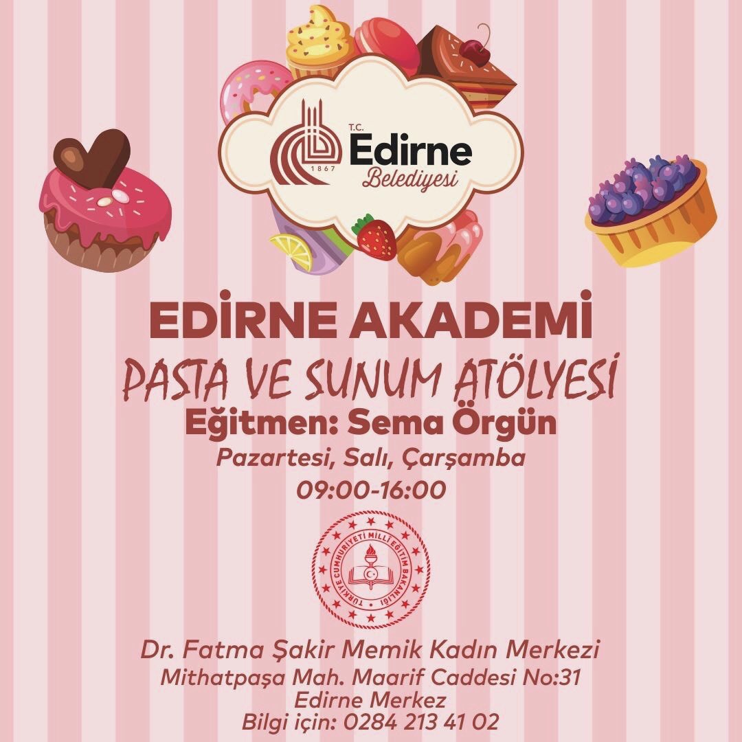 Edirne Belediyesi Edirne Akademi Pasta ve Pasta Sunumu Atölyesi için yeni kayıtları bekliyor.

Kayıt için: 0284 213 41 02 ☎️