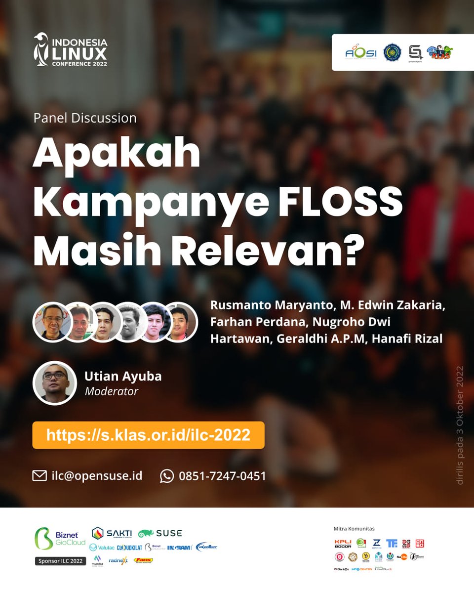 Apakah kampanye FLOSS masih relevan? 

Temukan jawabanya dalam diskusi panel di Indonesia Linux Conference 2022 bersama panelis <a href="/ruslinux/">Rusmanto Maryanto</a> <a href="/medwinz/">medwinz</a> <a href="/zappytanx/">Farhan Perdana</a> <a href="/JAMBULBOY/">nugrihi</a>, Geraldhi A.P.M, Hanafi RIzal dan moderator <a href="/utianayuba/">Utian Ayuba</a>