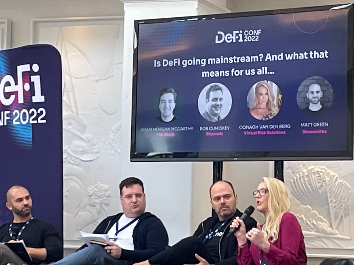 john_bustard's tweet photo. First panel at #DeiConf22 “Is DeFi going mainstream?” Interesting and honest discussion so far. From “Crypto Winter” (2yr) & examples of blockchain & the opportunities and challenge of decentralisation and traceability. Massive education piece to further develop market dynamics. https://t.co/6rROBIXSpG