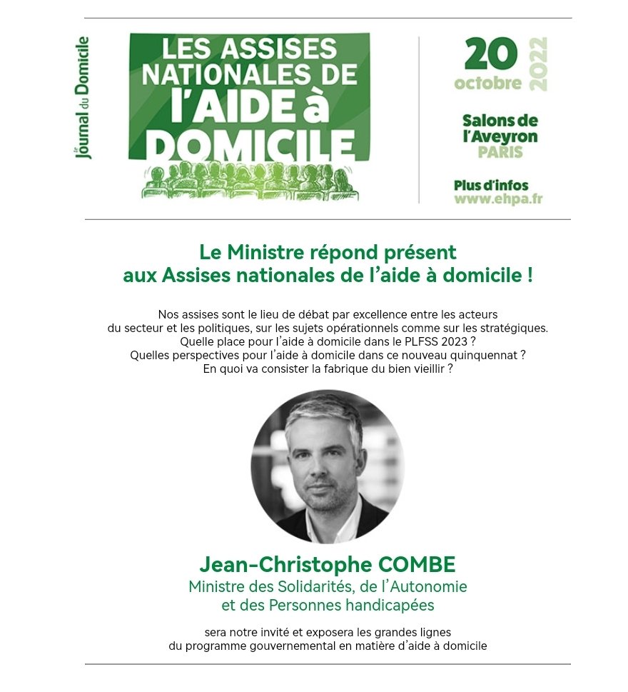 Le ministre aussi sera présent à nos assises !
<a href="/JCCOMBE/">Jean-Christophe COMBE</a>
@Ehpa_Presse ehpa.fr/newsletter/ass…