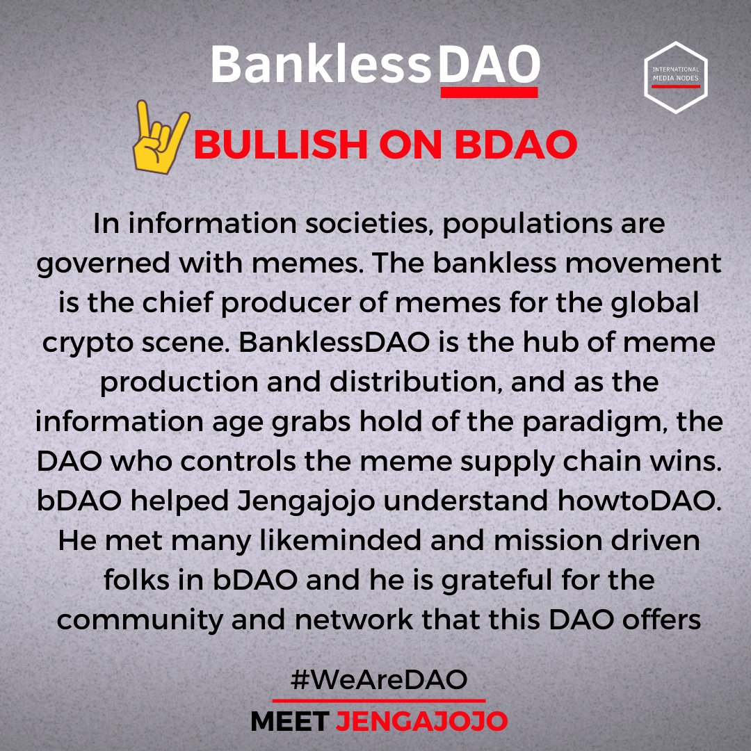 IMNbankless's tweet photo. #WeAreDAO presents one of the most active contributors of bDAO. He is the Coordinator for the IMN and is in charge of the bDAO at Global Events project. Aside from being a shadowy supercoder, he also likes adventure, travel and being physically active. Frens, meet @Jengajojo 🔥 https://t.co/PU6Z6VzK4Z