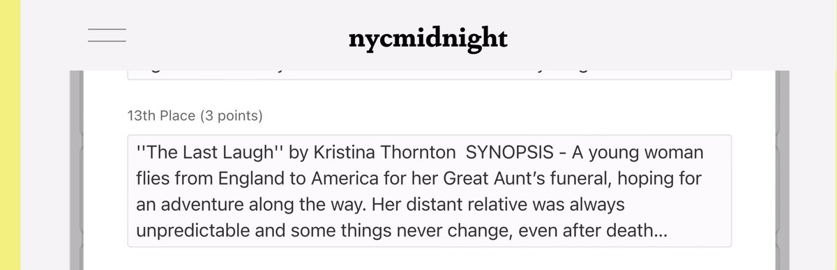 KristinaT83's tweet image. 13th in my group for Challenge 2 #FlashFictionChallenge2022 @nycmidnight I got 10th in my group for Challenge 1. For 2 genres out of my comfort zone… Ghost Story and Comedy! It’s not enough to get through to the next round, but I’m smiling. Congrats everyone…