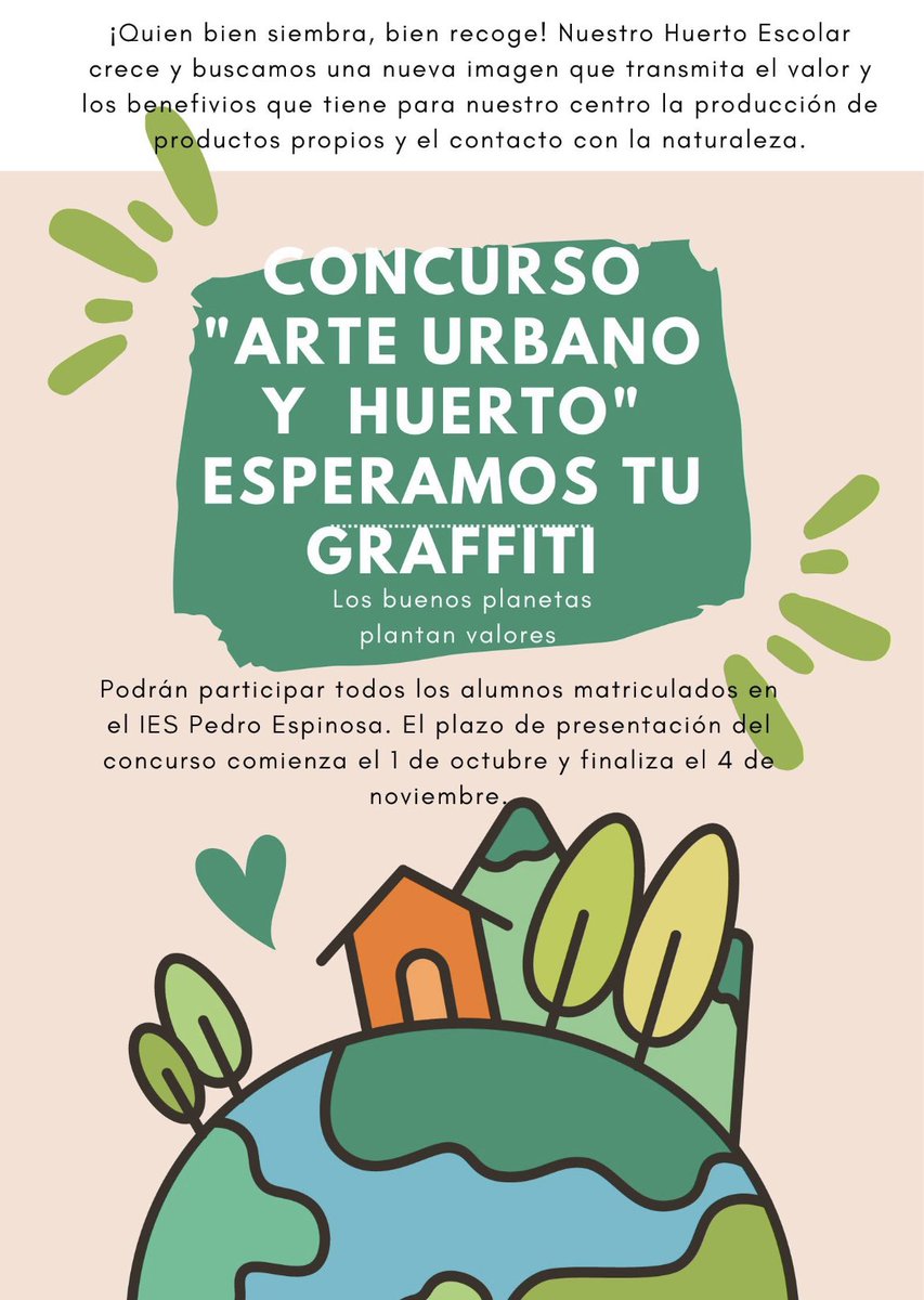 Participa en nuestro concurso👉🏻“Arte urbano y huerto”👈🏻Estamos buscando una imagen sostenible y atractiva para decorar las paredes de nuestro huerto urbano del patio de nuestro <a href="/i_pedroespinosa/">IES Pedro Espinosa (Antequera)</a>. Participación hasta el 4 de noviembre. ¡Dale color a nuestro huerto! <a href="/programaaldea/">Programa Aldea 💚🌏</a>