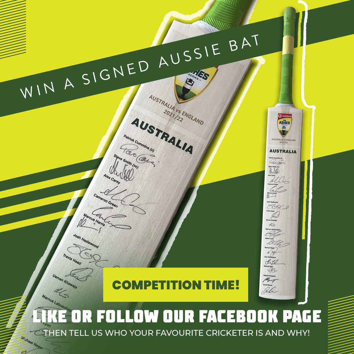 WIN! WIN! WIN! An awesome cricket bat signed by all your favourite Aussie cricket stars! Head over to our Facebook page for more on how to enter! facebook.com/lordstaverners…