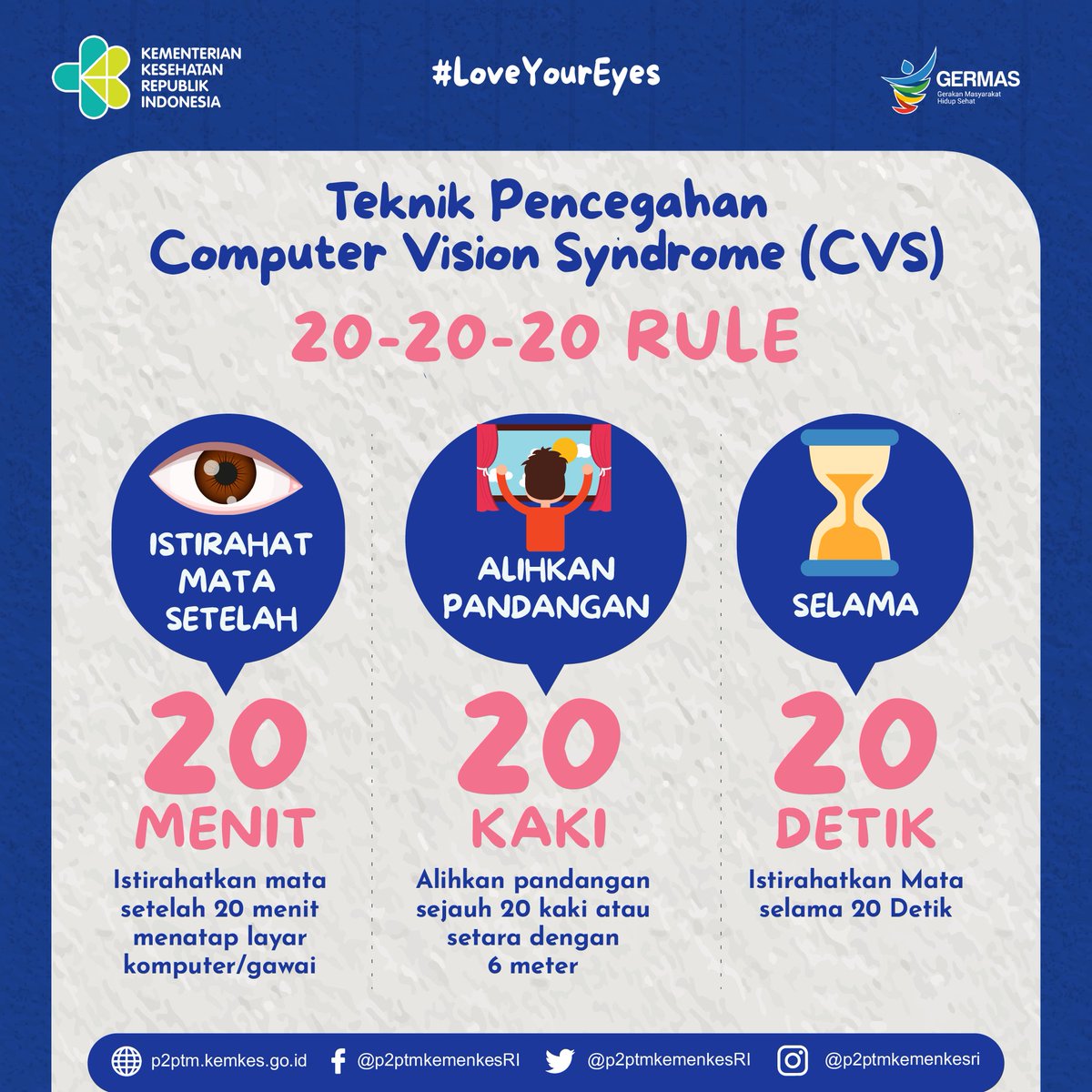 ptm_id's tweet photo. Cegah Computer Vision Syndrome dengan Teknik 20-20-20
.
#CERDIK #CegahPTM #DukungGERMAS #MataSehatEraDigital #HariPenglihatanSedunia #LoveYourEyes https://t.co/4rzJ2MYUy0