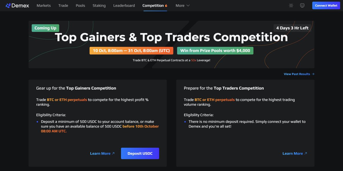 ⏳ Tick, tock, tick, tock.⌛️

Demex's #TopGainers and #TopTraders Competition is inching in closer and closer. 

Ensure you satisfy the conditions before the competition starts on 10th October, 2022, 08:00AM UTC. 

Head to app.dem.exchange/competition to learn more! 🤩