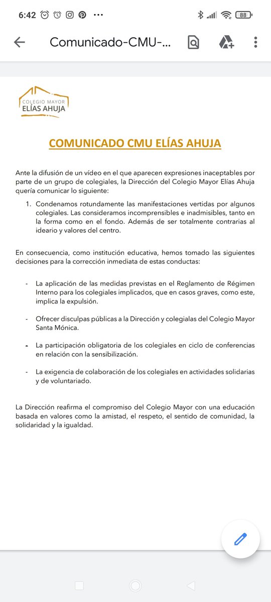 MarGonzalezSev's tweet photo. @Josepablo_ls Me tranquiliza saber que la dirección del centro ha reaccionado ante unos hechos inadmisibles en cualquier caso, pero aún más en un centro adscrito a una universidad pública @UniversidadCom1
He encontrado este comunicado en la página de inicio del colegio mayor: https://t.co/oS1zPopejn
