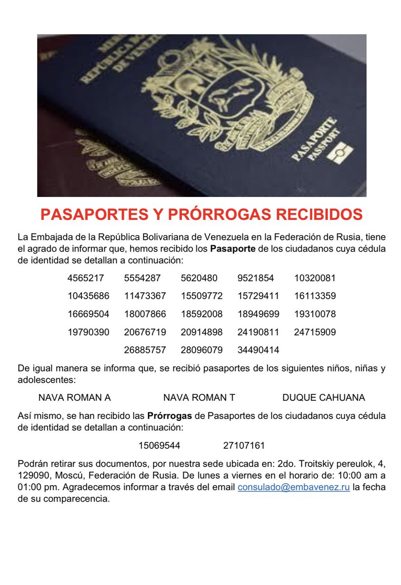EmbaVERusia's tweet photo. El Gobierno Bolivariano a través del @VenezuelaSaime da respuesta oportuna a los venezolanos residentes en la Federación de Rusia, con el envío de Pasaportes y Prórrogas. ¡Seguimos avanzando en atender a nuestros connacionales! https://t.co/XHqrFGzfTO