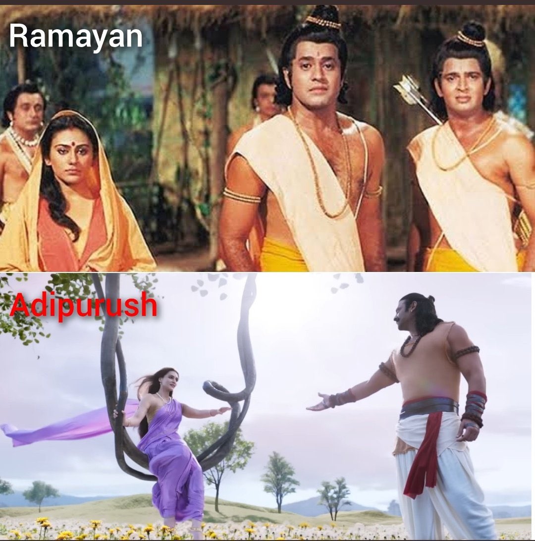 Look at the difference in the look of Ram &amp; Sita.

Adipurush has reduced them 2a cheap Bollywood version with no respect for the values Ram &amp; Sita held. 
Even the clothes worn by Kriti are an insult2 Maa Sita .

Forget the boycott this movie should be banned!

#BanAdipurush