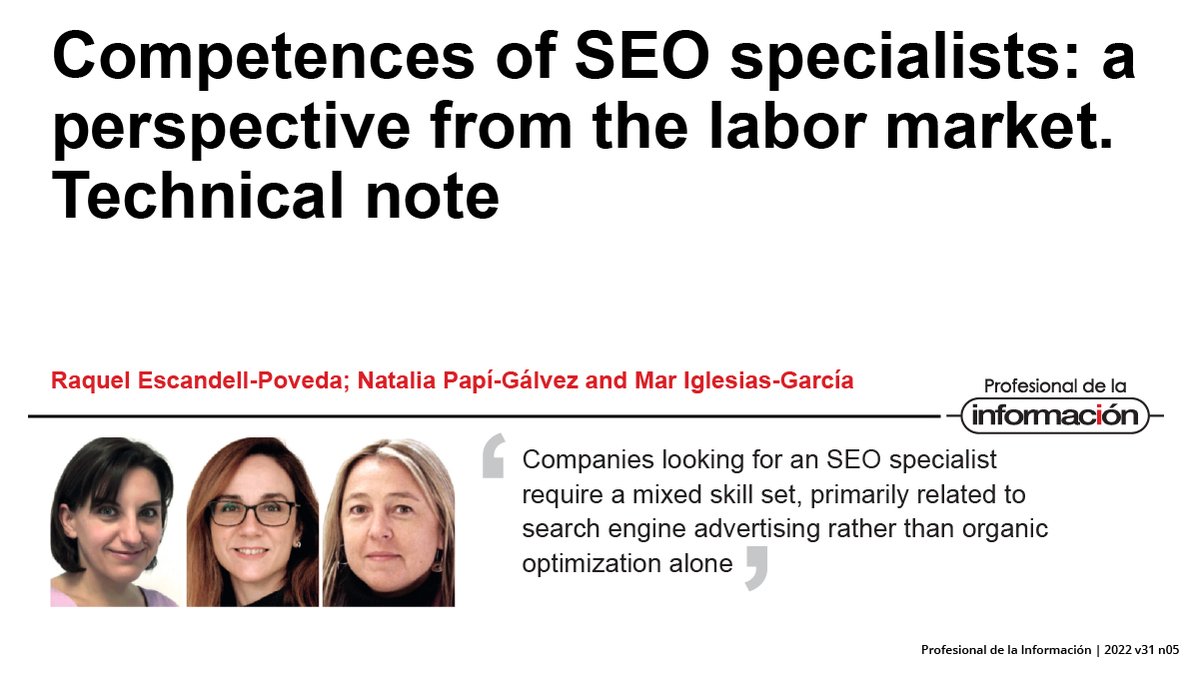 SCImagoEPI's tweet photo. Competences of SEO specialists: a perspective from the labor market. Technical note. By @raquelescandell, @Natalia_Papi and @mar2222
▶️ https://t.co/rIuzEUGvKh
#SearchEngineOptimization #SEO #WebPositioning #ProfessionalProfiles https://t.co/ZPyDzg9sp0