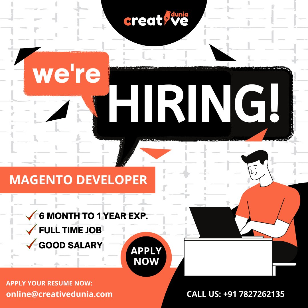 mycreativedunia's tweet photo. We are *Hiring* Magento Developer 

6 Month to 1.5 Year Experience
.
.
Contact Details:
☎️ +91 78272 62135
🌐 https://t.co/moLtMaKXn9
📧 Email: online@creativedunia.com
✅ WhatsApp Chat: https://t.co/LqqEUUGZKL

#hiring #hiringnow #creativedunia #magentodeveloper https://t.co/FLjg8H1PsA