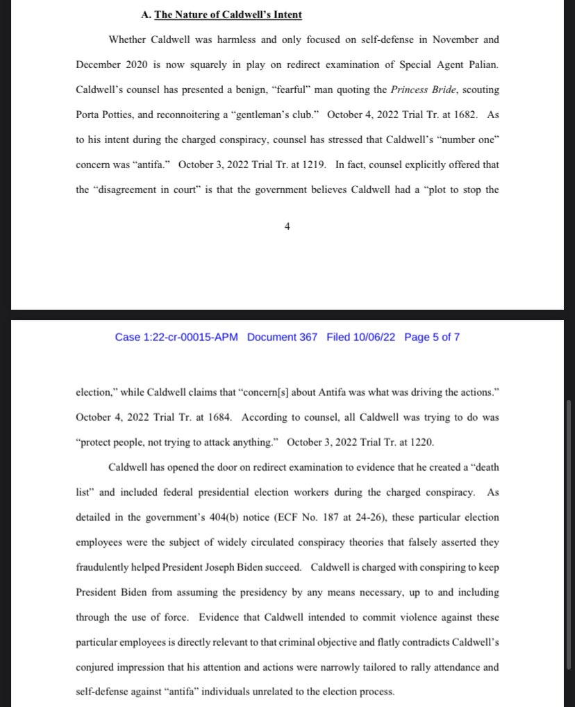 JUST IN: DOJ argues that Oath Keeper  Thomas Caldwell’s presentation in court — that all he wanted was to stop antifa — has opened the door to the government introducing the “death list” they found in his home, which named two GA election workers.