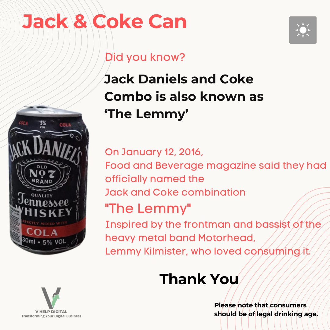 VHelpDigital1's tweet photo. Jack Daniels (JD) &amp; Coke is one of the most famous combinations a spirit lover enjoys. Recently they have launched a JD &amp; Coke Can.

So what is the reason for this CAN campaign?
Click on the image to learn about it.
#JDwithCoke #jackdanielscan #marketingtips #spiritlovers #Jack https://t.co/qXPfpRQ4h7