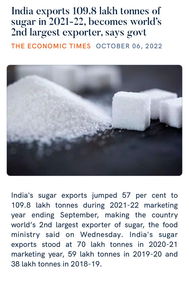 India exports 109.8 lakh tonnes of sugar in 2021-22, becomes world's 2nd largest exporter 

@narendramodi 
#bussiness #sugar #SugarExports #PMO