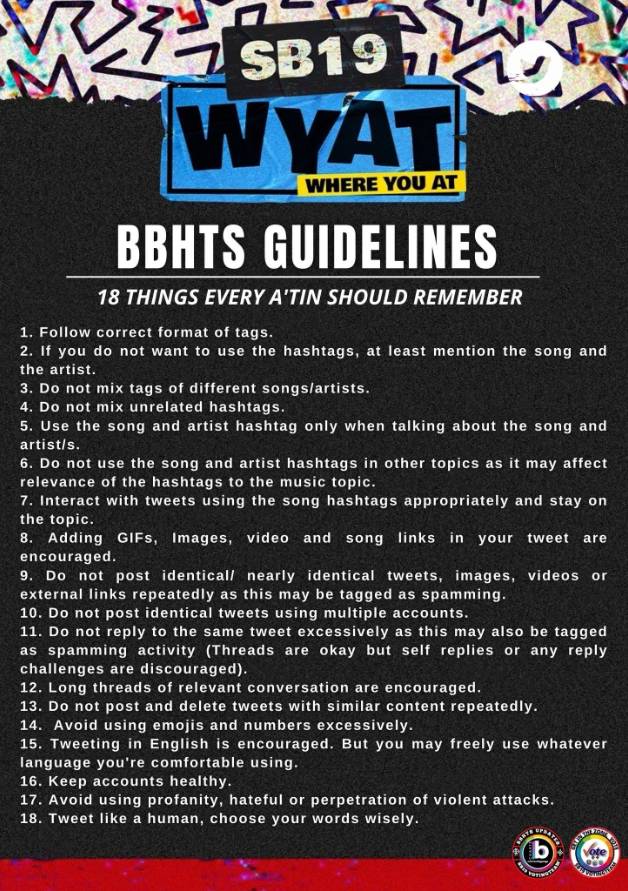 SB19BBCharts's tweet photo. Hello, A'TIN!

Let us all get refreshed with these BBHTS guidelines!
Please read and digest! 
A quick RT is appreciated too. 😊

@SB19Official #SB19
#WYAT  #WYATTour 
#WhereYouAtSB19  #WYATReconnection https://t.co/ANCEotk6SR