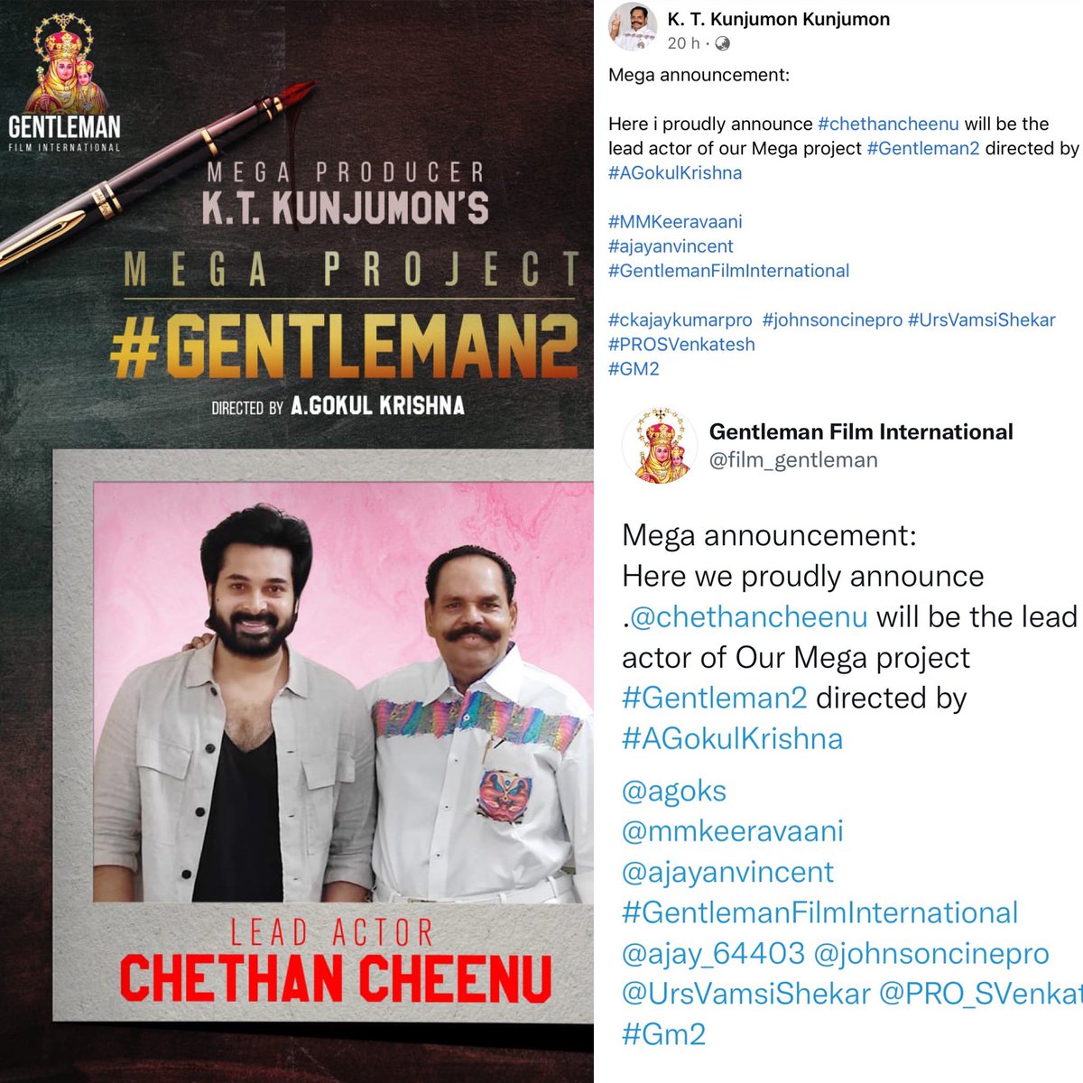 ChethanCheenu's tweet photo. My dream came true, Signed a #Film as main lead with my favourite
#MegaProducer @KT_Kunjumon sir for #Gentleman2

🎬 @agoks bro
🎼 @mmkeeravaani garu
🎥 @ajayanvincent sir
🎨 #ThotaTharani sir
#GentlemanFilmInternational

@ajay_64403 @UrsVamsiShekar @johnsoncinepro #PROSVenkatesh https://t.co/rVq37J479o