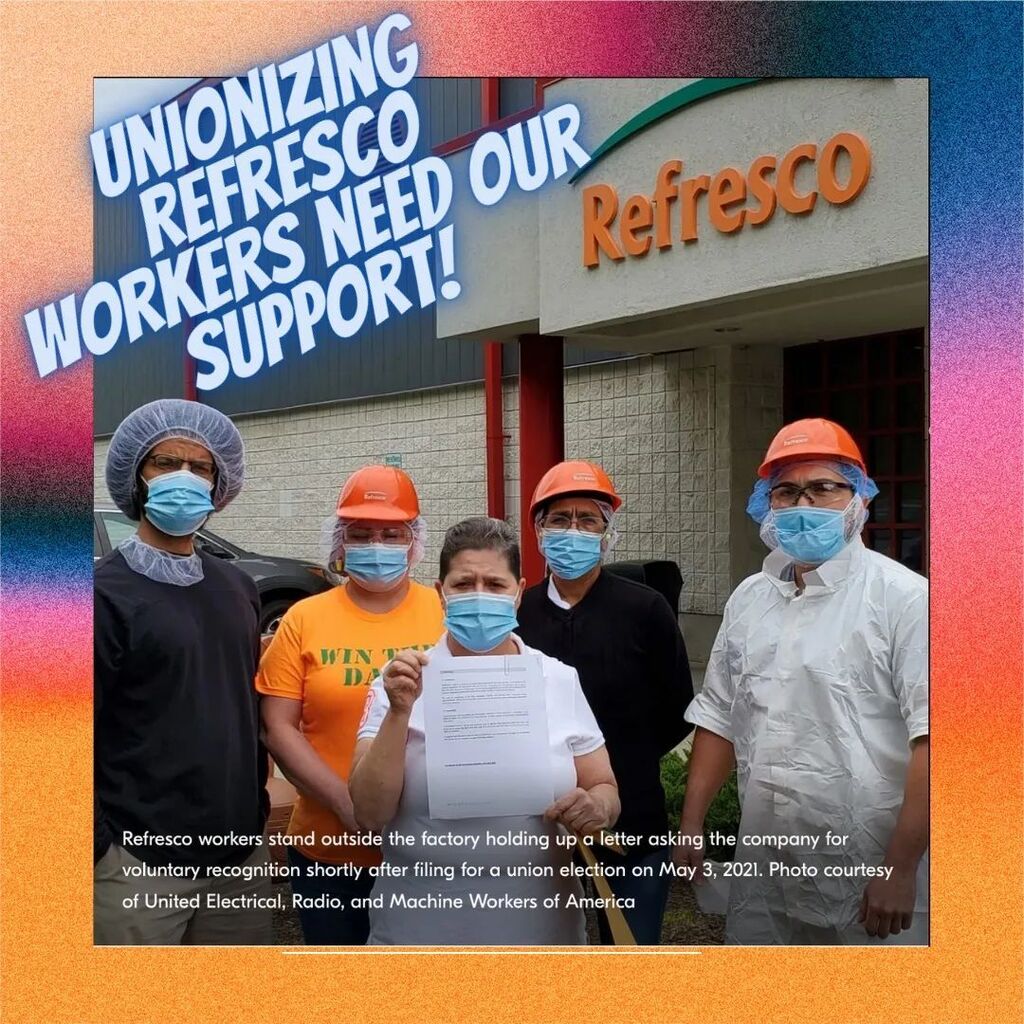 Hi everyone 🌻 

Urgent matter ❗
Attention, safety-minded friends, accomplices, and allies! The workers at Refresco's bottling plant in New Jersey need our urgent help. Refresco (one of the largest bottlers in North America) workers in NJ voted twice … instagr.am/p/CjW93EwuhJK/