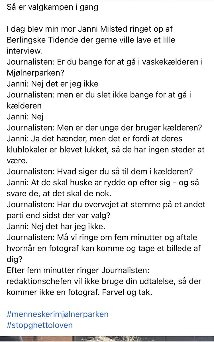 Historien blev droppet, da <a href="/berlingske/">Berlingske</a> opdagede at den gamle dame fra Mjølnerparken slet ikke var bange for at gå i vaskekælderen #dkpol #vaskekaeldergate