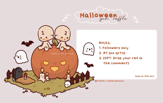 ⌜Halloween YCH Raffle⌟🎃

-  Rules.
✤ Follow + RT (no qrts)
✤ Opt. Drop your ref in the comment

-  Prize.
✤ 1 Single/Couple YCH Halloween set of oc of your choice! (will received the art before Halloween)

Ends on 15th Oct. 
