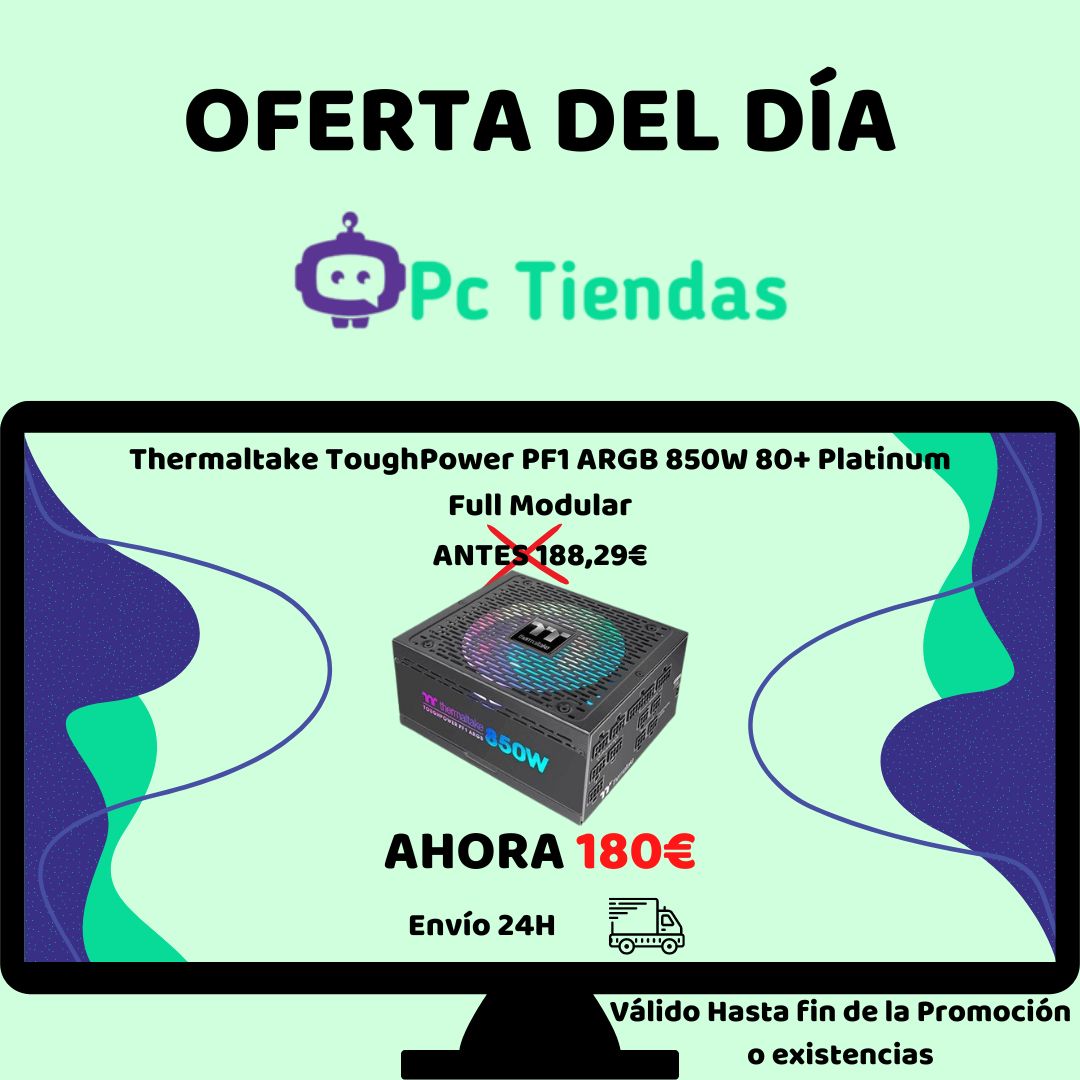 pc_tiendas's tweet photo. Potencia y Diseño unidos creando la Fuente de Alimentación #Thermaltake ToughPower PF1 ARGB 850W 80+ Platinum Full Modular y está de #oferta 
Ahora:180€✅
Antes:188,29€❌

Link👉https://t.co/tlFjagDUZ3

#Chollo #chollos #OfertaDelDía #ofertas #GamingSetup #Gamer #chollazo #RGB https://t.co/SQsGvHih11