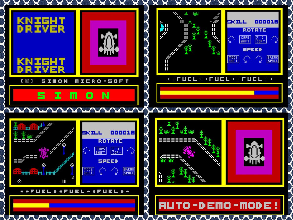 OldSchoolBooks1's tweet photo. Today's #retrogaming on the #ZXSpectrum from 1984 #KnightDriver #Hewson is a very early racing game with a real Atari feel about it; it has a demo mode and lets you drive through fences. It's a basic game, but it hits the nostalgia buttons! https://t.co/saL3ytzz4p