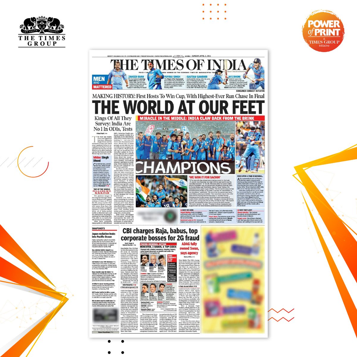 TimesResponse's tweet photo. Oreo brought back 2011, the year India won the World Cup and Oreo launched in India with the historic front-page and made the readers reminisce  #BringBack2011

#Powerofprint #impactfulads #TOI #Timesresponse #Oreo https://t.co/5iPHN0kfo0