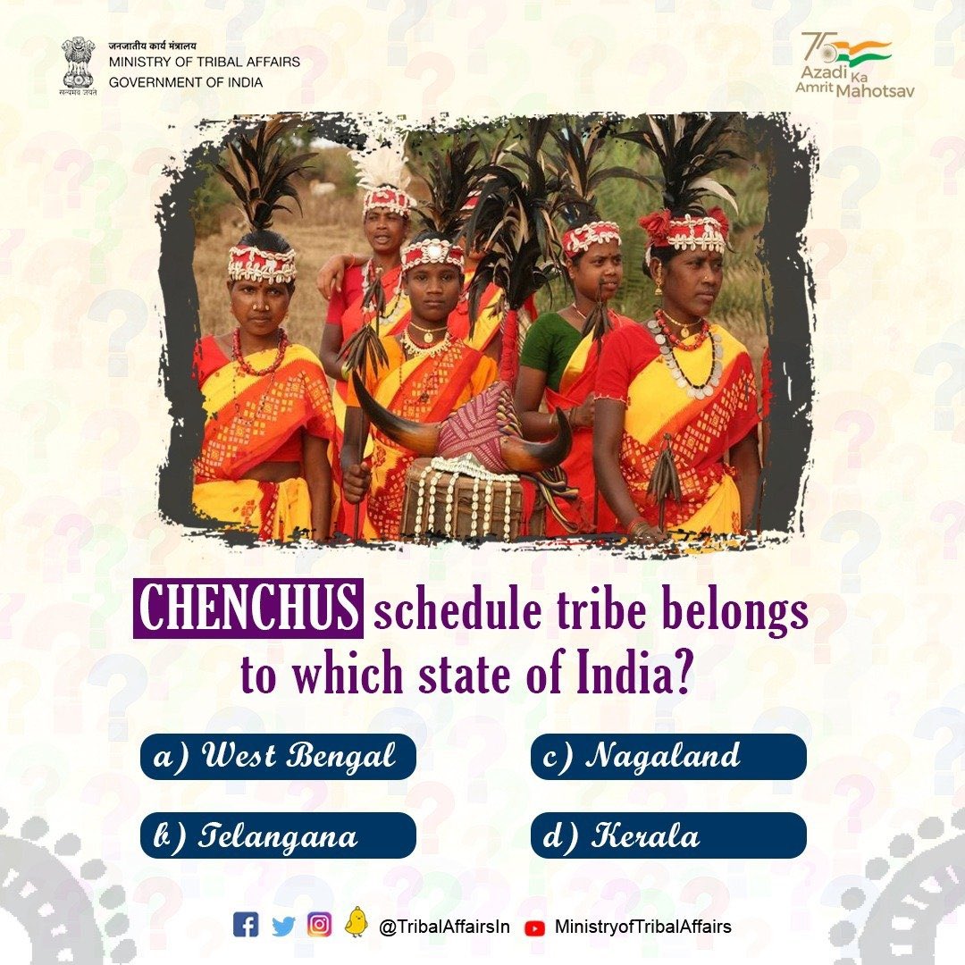 TribalAffairsIn's tweet photo. Test your knowledge with our Famous Tribal Quiz!🚨
Chenchus' schedule tribe belongs to which state of India?
a) West Bengal
b) Telangana
c) Nagaland
d) Kerala
#QuizTime #Tribals #Chenchus https://t.co/0eAPsoHjEn