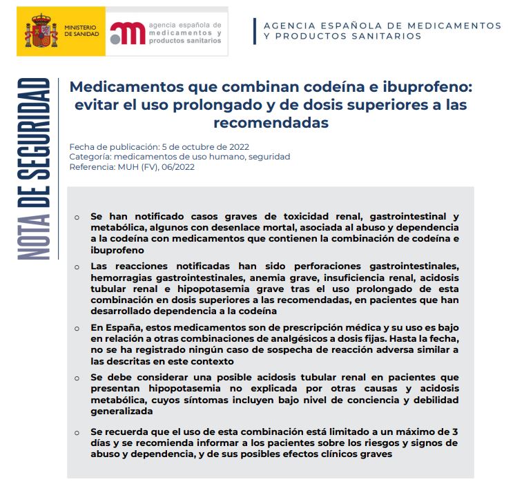 ⚠️Nota <a href="/AEMPSGOB/">AEMPS</a>: Medicamentos que combinan codeína e ibuprofeno👉 evitar uso prolongado y de dosis superiores a recomendadas

ℹ️Informar a pacientes sobre riesgos debido a la dependencia de codeína

❗️❗️❗️Uso de esta combinación limitado a máximo 3 días aemps.gob.es/informa/medica…