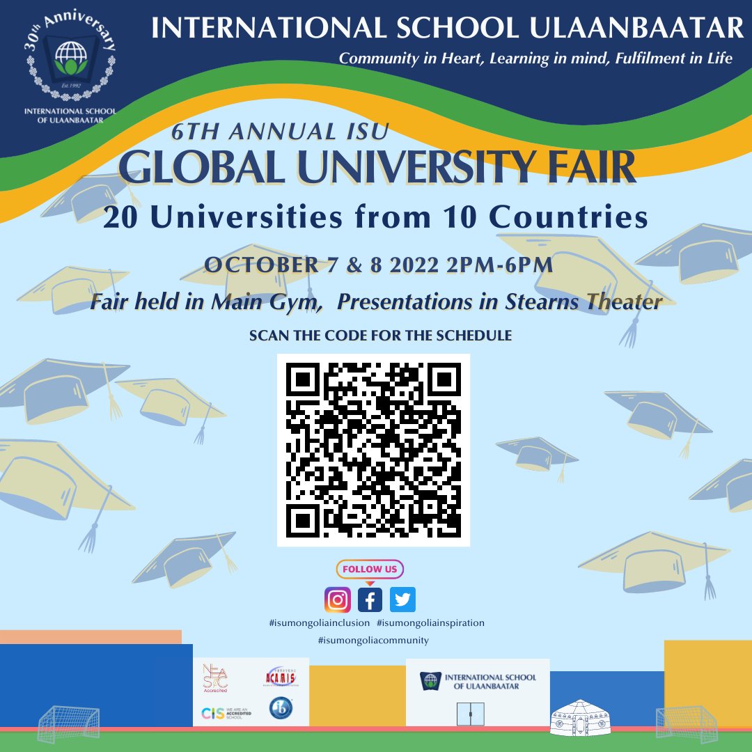 <a href="/isumongolia/">ISU Mongolia</a> hosts its 6th Annual Global University Fair 2022 on Friday and Saturday (Oct 7 and 8) in the big gym between 14:00-18:00. It is open to the public, with 20 colleges from 10 different countries. #ISUMongoliasecondary #ISUMongoliaInspiration #ISUMongoliaLEARNING