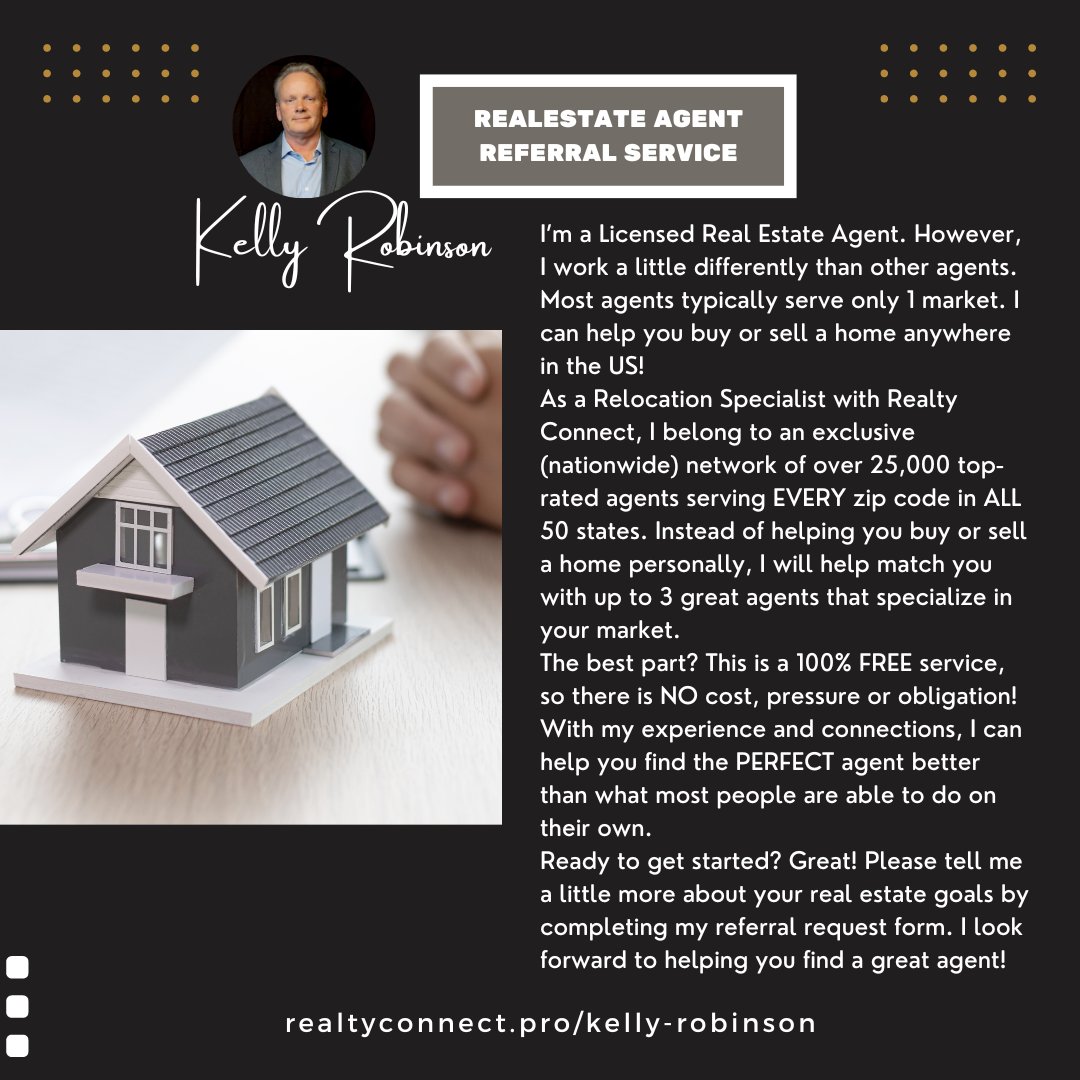 👉Real Estate Agent Referral Service ⭐️⭐️⭐️⭐️⭐️ Please tell a little more about your real estate goals by completing my referral request form. I look forward to helping you find a great agent! #realtors #realts #newhome #realtorlife realtyconnect.pro/kelly-robinson/