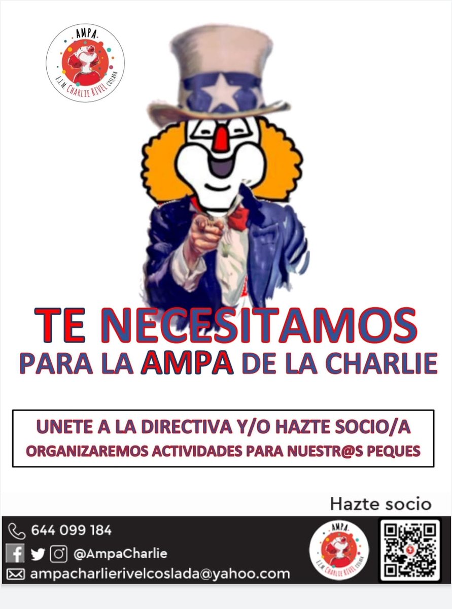 Necesitamos que te unas al Ampa Charlie Rivel Coslada. Sea como socio o como miembro de la directiva y poder realizar actividades para los peques de nuestra escuela.
¡Anímate!