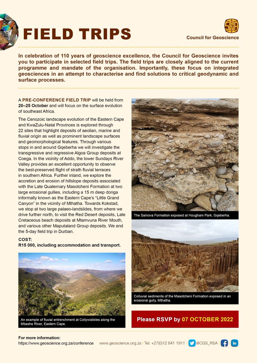 khozalities's tweet photo. As part of its 110-year celebration, the @CGS_RSA will be hosting a number of field trips during the #GeoscienceSummit.
More information here https://t.co/JjEqqDf4C0 https://t.co/Tnw1OKIppI