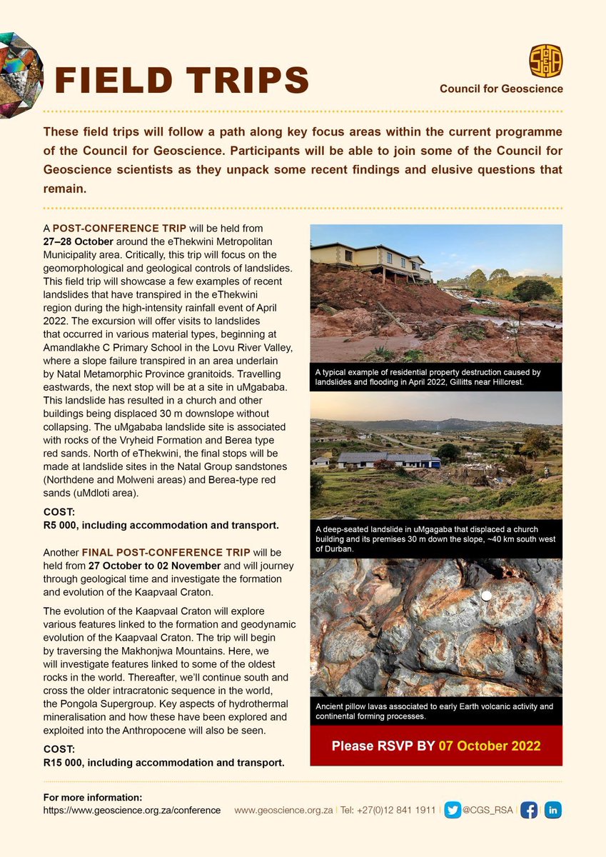 khozalities's tweet photo. As part of its 110-year celebration, the @CGS_RSA will be hosting a number of field trips during the #GeoscienceSummit.
More information here https://t.co/JjEqqDf4C0 https://t.co/Tnw1OKIppI