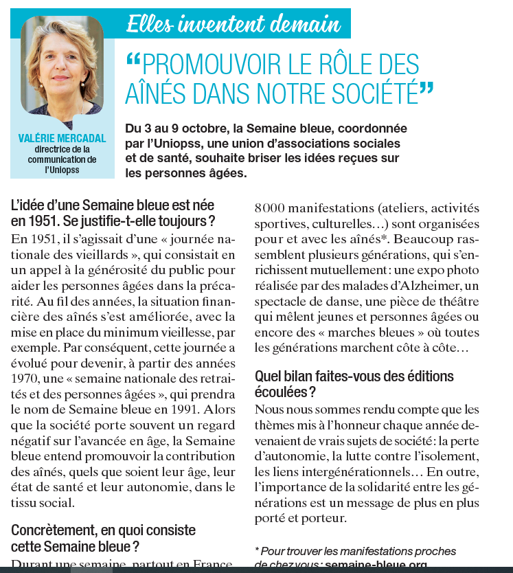 semainebleue's tweet photo. 📢La #SemaineBleue, c'est "365 jours pour agir et 7 jours pour le dire" : dire le rôle des aînés dans notre société, changer notre regard sur l'avancée en âge et développer les liens entre les générations.
🔎Interview dans l'hebdomadaire MAXI du 3 octobre 2022. https://t.co/Bxesi3XWLX