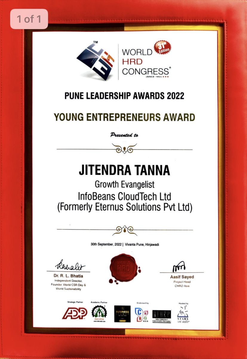 Eternus Solutions (Now InfoBeans) (@nowinfobeans) on Twitter photo We are delighted to share that our beloved Founder & CEO, Mr. Jitendra Tanna, has been awarded the Youngest Entrepreneur at the 9th edition of Pune Leadership Awards 2022 by World HRD Congress
Congratulation to our shining star <a href="/JRTanna/">Jitendra Tanna</a> 
<a href="/infobeans/">InfoBeans</a>
#achievement #techawards We are delighted to share that our beloved Founder & CEO, Mr. Jitendra Tanna, has been awarded the Youngest Entrepreneur at the 9th edition of Pune Leadership Awards 2022 by World HRD Congress
Congratulation to our shining star <a href="/JRTanna/">Jitendra Tanna</a> 
<a href="/infobeans/">InfoBeans</a>
#achievement #techawards